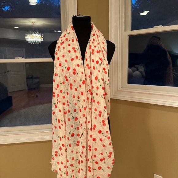 MANGO cherry print off white scarf shawl cotton-linen blend - Picture 8 of 12